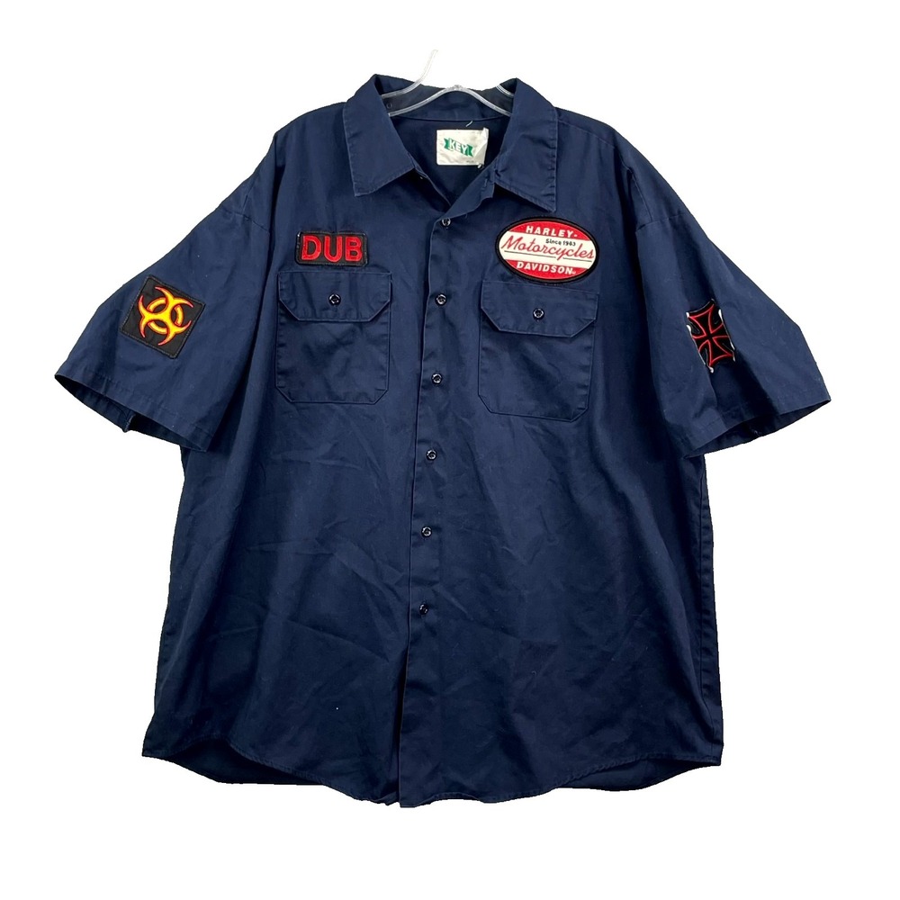 Vintage Key Shirt Mens 2XL Patches Harley Davidson Iron Cross Workwear Button Up